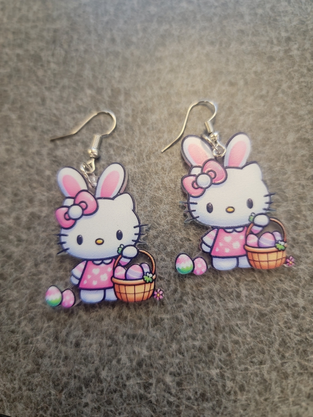Hello Kitty Pink White Bunny Earrings with Easter Basket
